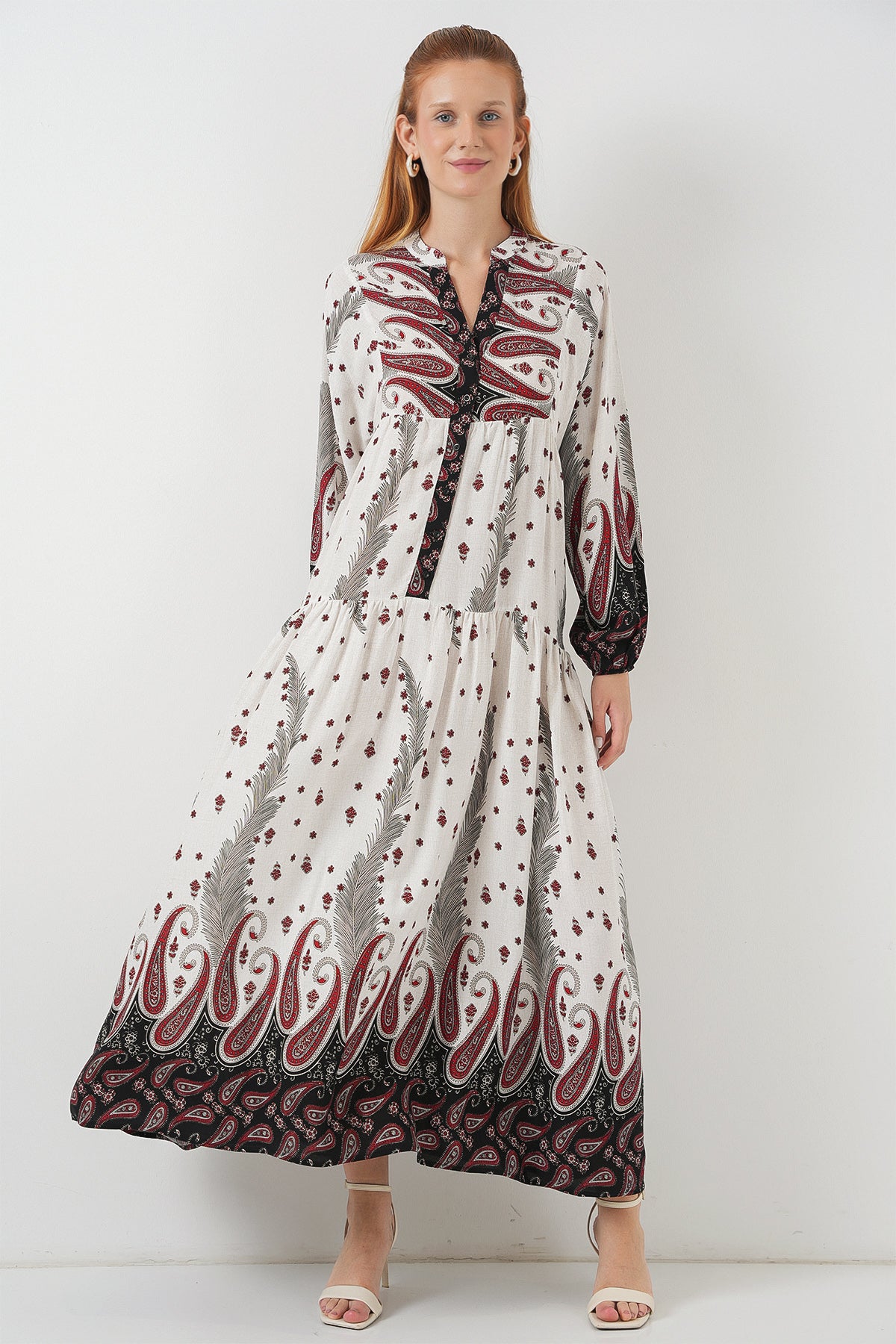 Rochie Lungă Tesettür Decorativă 2585 - Roșu Deschis