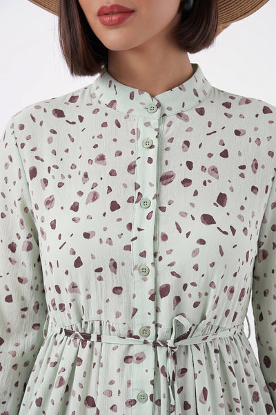 Kadın Desenli Uzun Tesettür Elbise 2586 - A.Yeşil