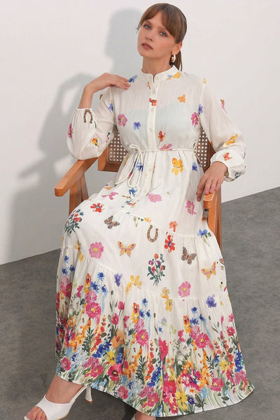 Rochie lungă modestă pentru femei, cu model 2586 - Crem