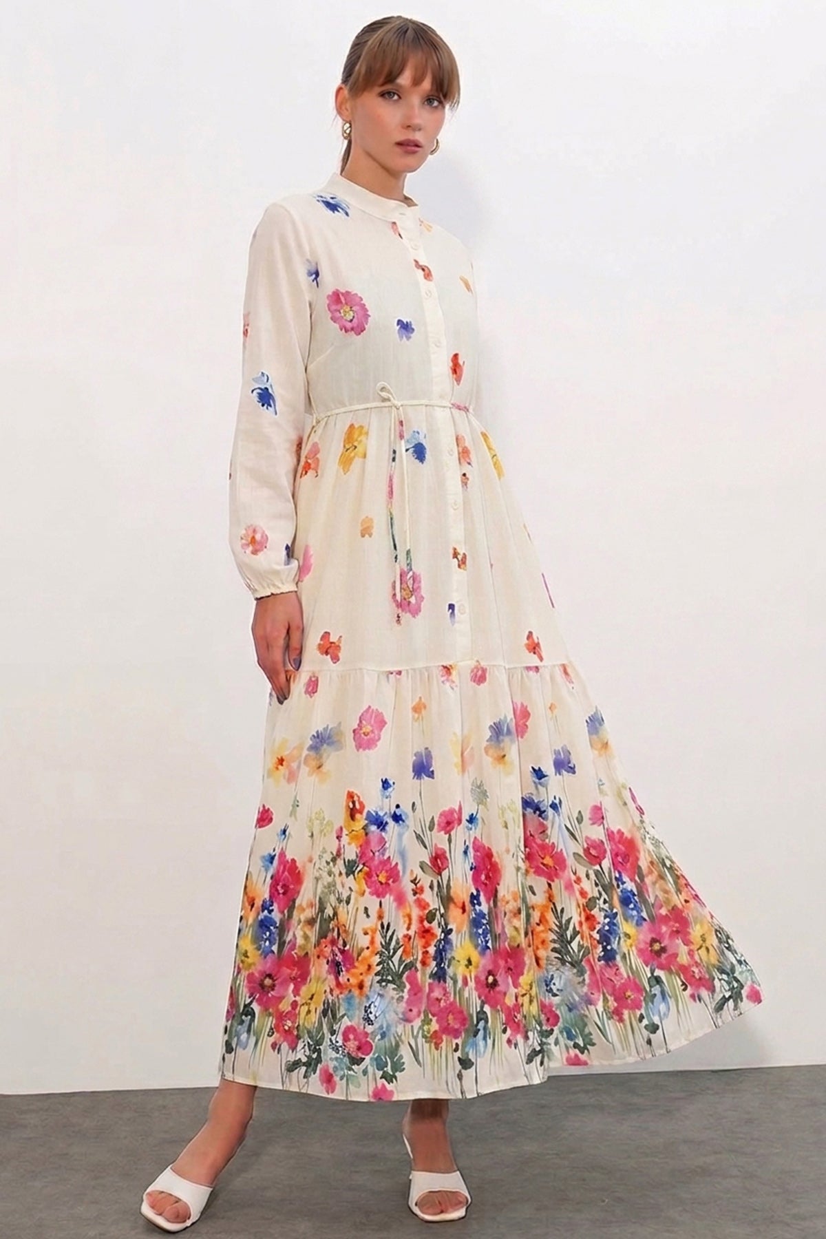 Rochie lungă modestă pentru femei, cu model 2586 - Crem