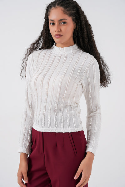 Bluză din tricot elastic texturată pentru femei 975 - Alb