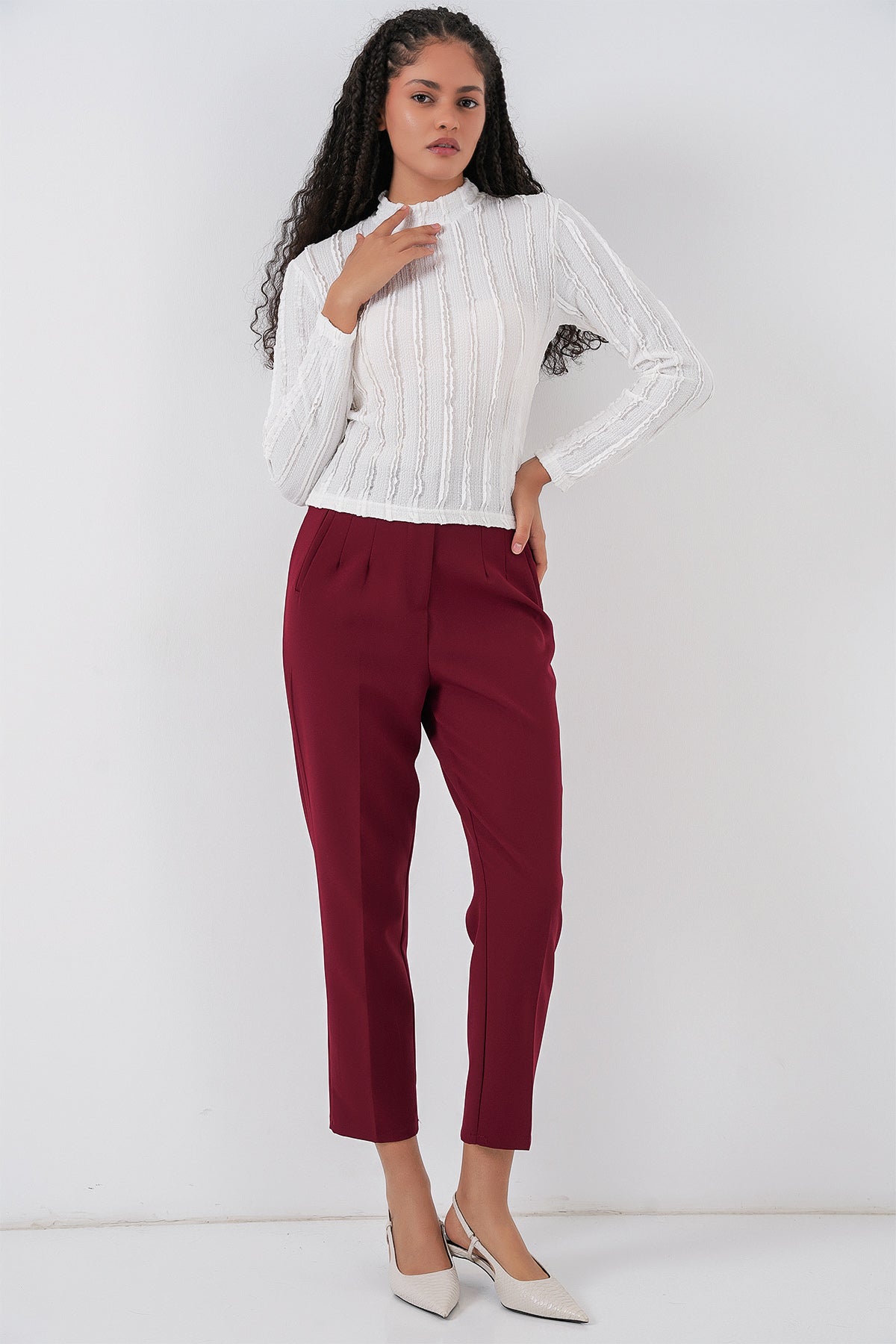 Bluză din tricot elastic texturată pentru femei 975 - Alb