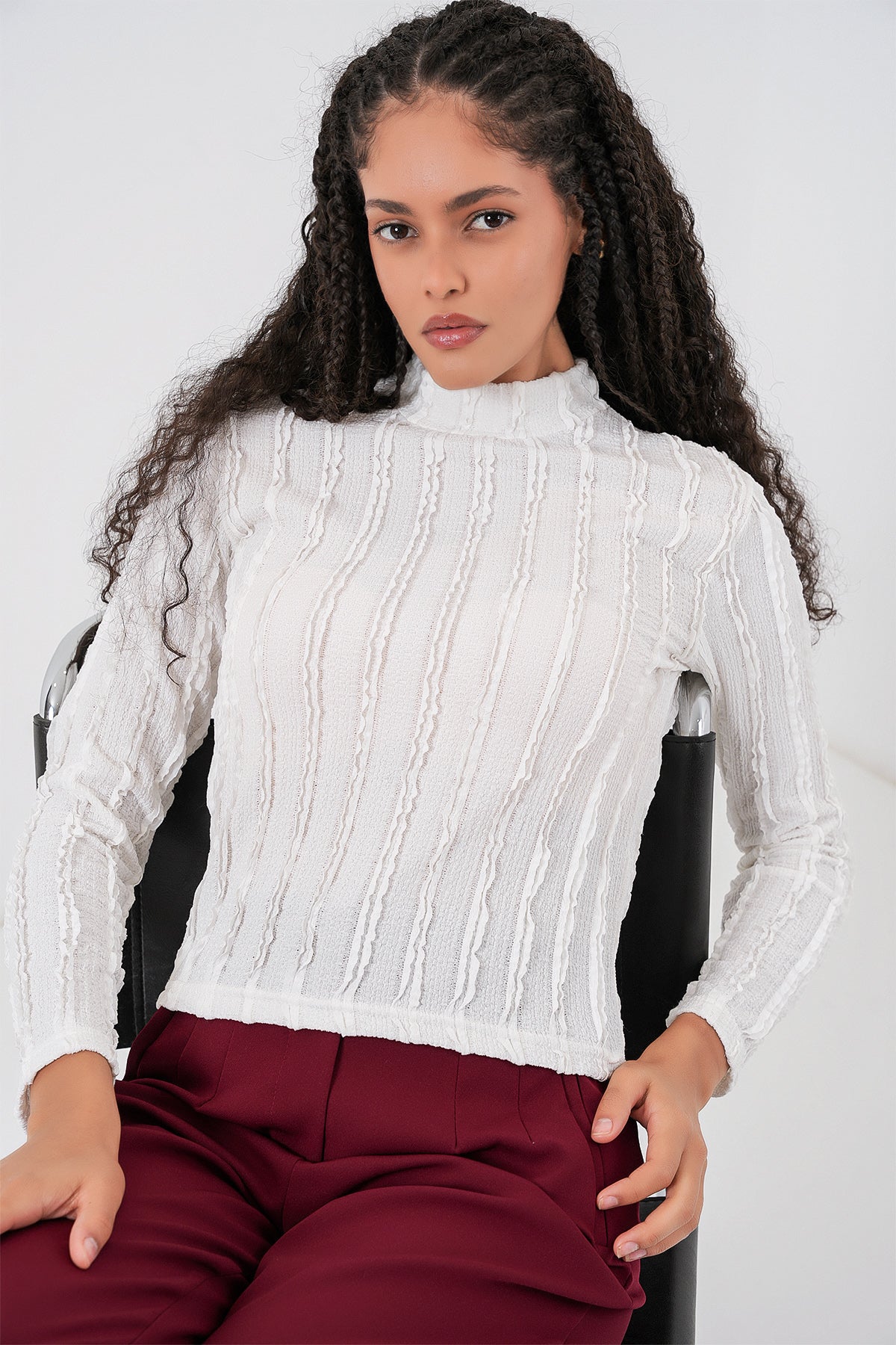 Bluză din tricot elastic texturată pentru femei 975 - Alb