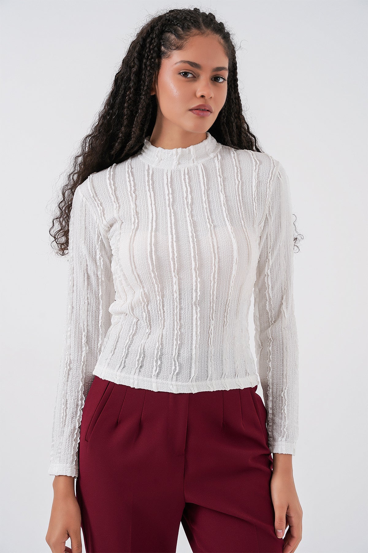 Bluză din tricot elastic texturată pentru femei 975 - Alb