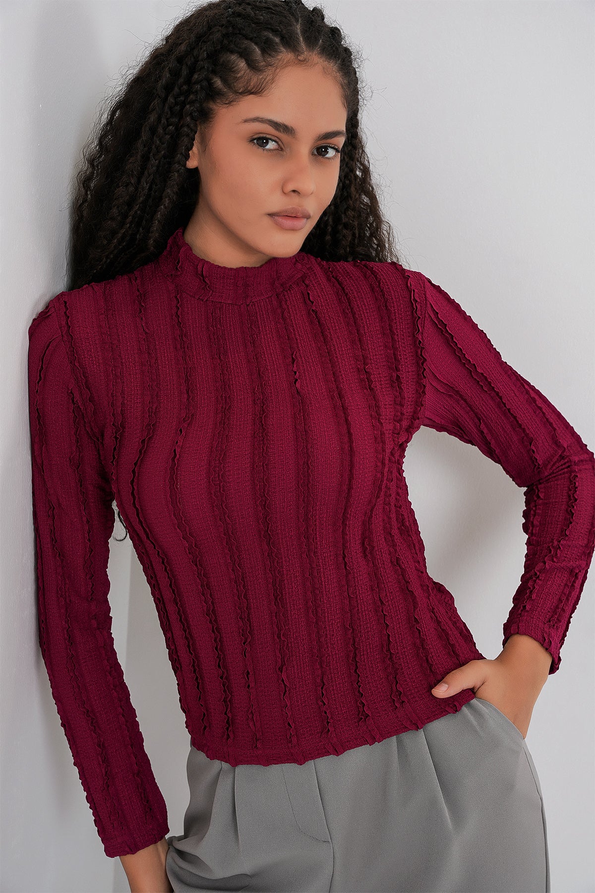 Bluză din tricot elastic texturată pentru femei 975 - Bordo
