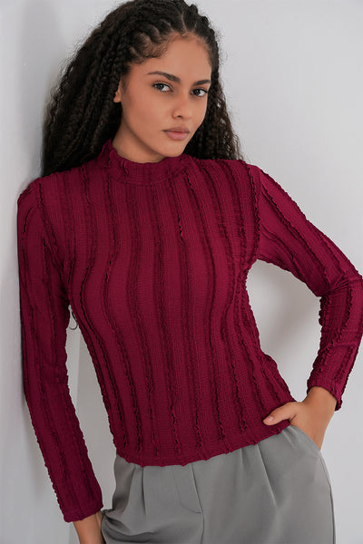 Bluză din tricot elastic texturată pentru femei 975 - Bordo