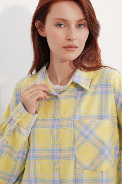 Kadın Ekose Desen Oversize Oduncu Gömlek 3854 - A.Yeşil