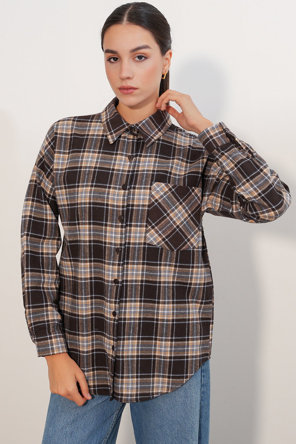 Kadın Ekose Desen Oversize Oduncu Gömlek 3854 C. Kahverengi