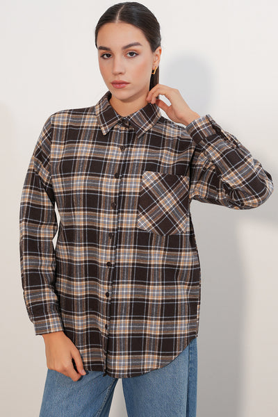 Kadın Ekose Desen Oversize Oduncu Gömlek 3854 C. Kahverengi