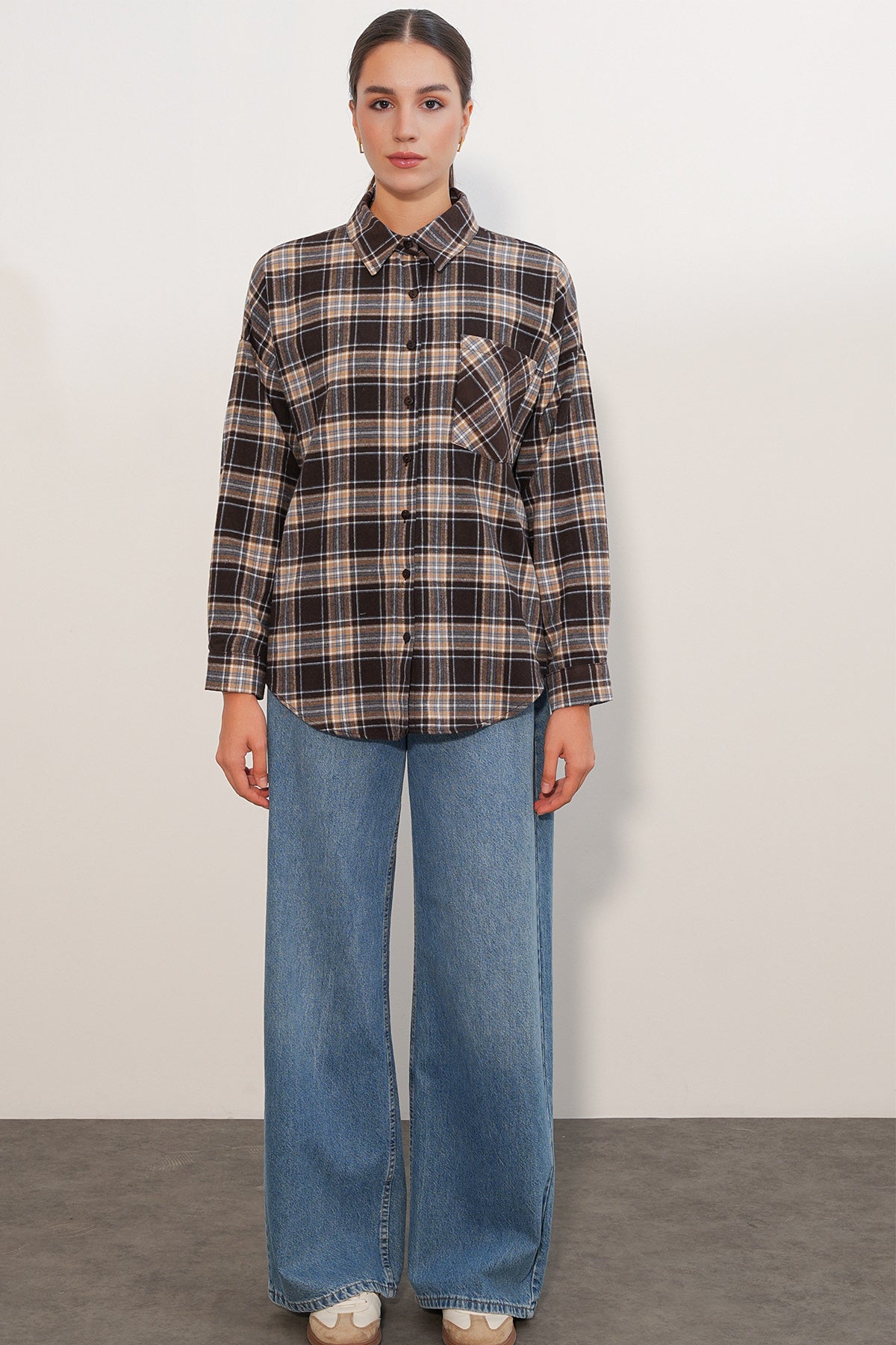 Kadın Ekose Desen Oversize Oduncu Gömlek 3854 C. Kahverengi