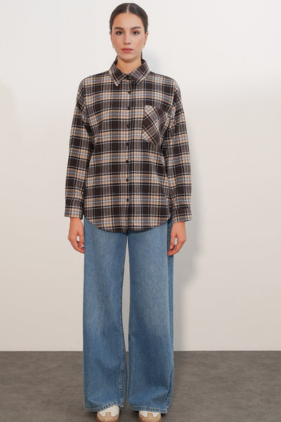 Kadın Ekose Desen Oversize Oduncu Gömlek 3854 C. Kahverengi