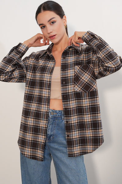 Kadın Ekose Desen Oversize Oduncu Gömlek 3854 C. Kahverengi