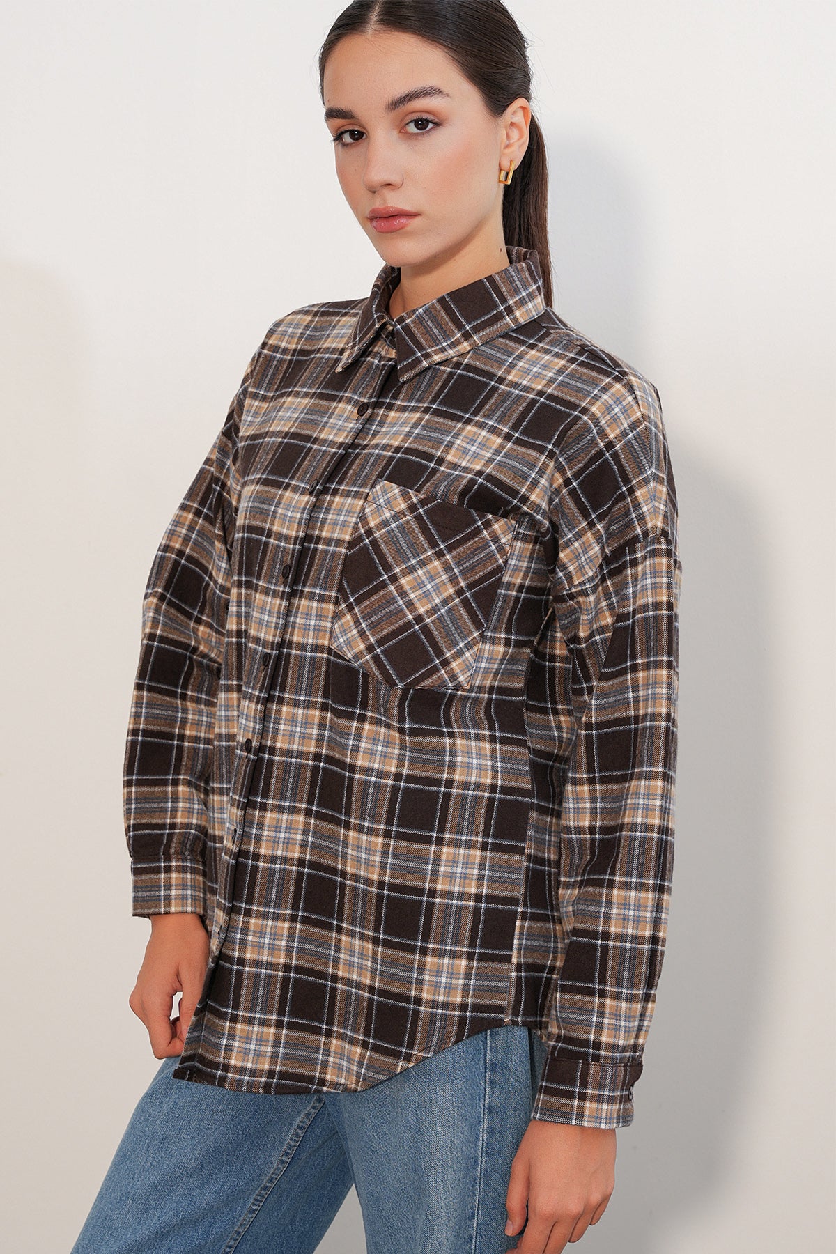 Kadın Ekose Desen Oversize Oduncu Gömlek 3854 C. Kahverengi
