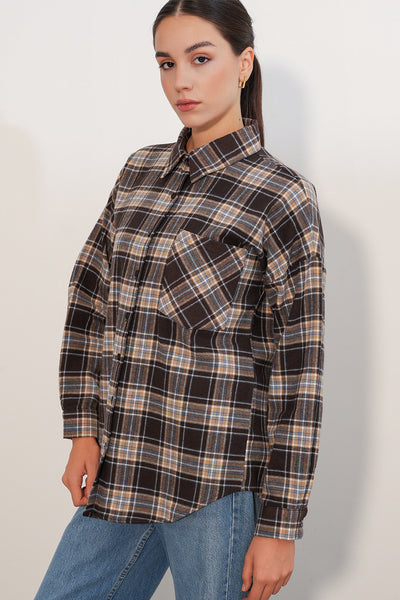 Kadın Ekose Desen Oversize Oduncu Gömlek 3854 C. Kahverengi