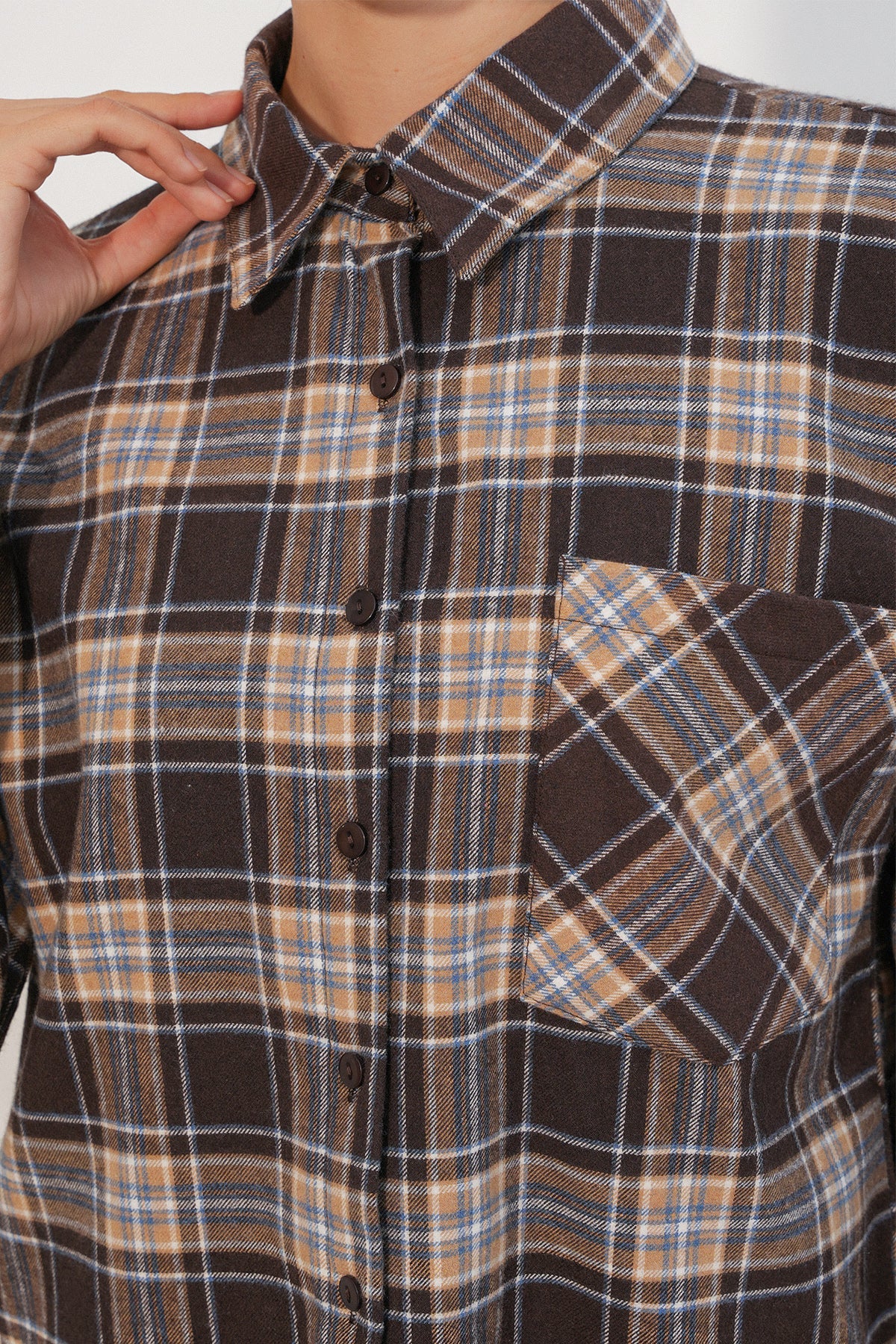 Kadın Ekose Desen Oversize Oduncu Gömlek 3854 C. Kahverengi