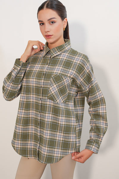 Kadın Ekose Desen Oversize Oduncu Gömlek 3854 E.Yeşil