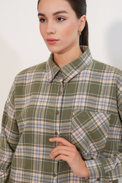Kadın Ekose Desen Oversize Oduncu Gömlek 3854 E.Yeşil