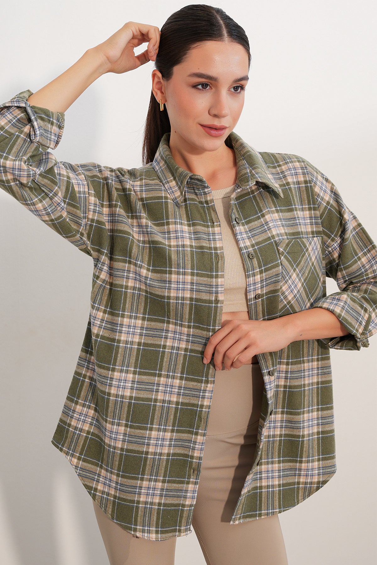 Kadın Ekose Desen Oversize Oduncu Gömlek 3854 E.Yeşil