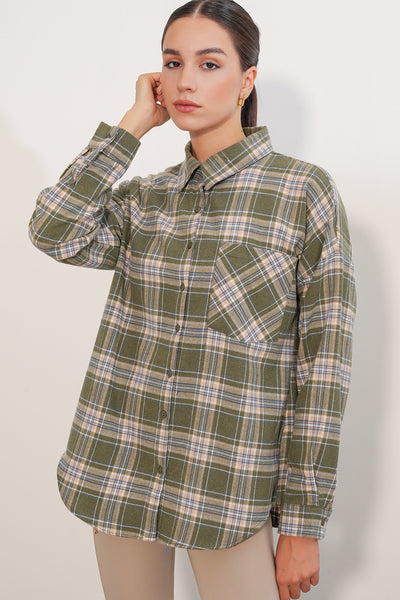 Kadın Ekose Desen Oversize Oduncu Gömlek 3854 E.Yeşil