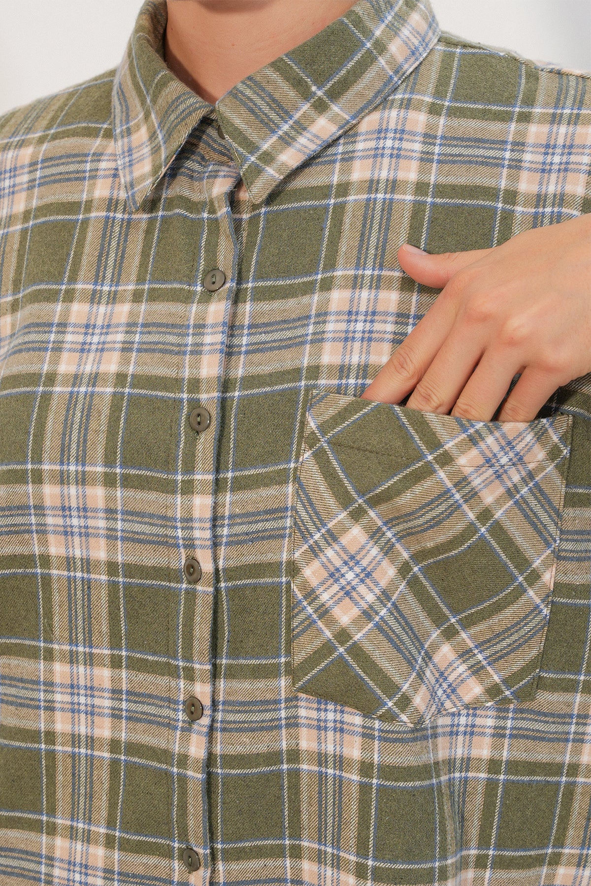Kadın Ekose Desen Oversize Oduncu Gömlek 3854 E.Yeşil