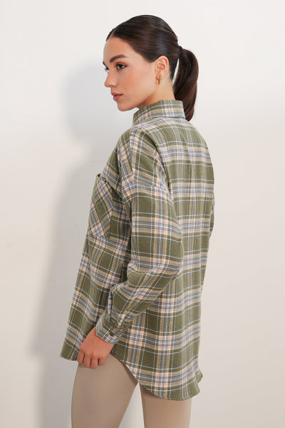 Kadın Ekose Desen Oversize Oduncu Gömlek 3854 E.Yeşil