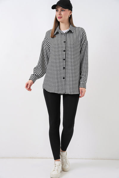 Kadın Kazayağı Desen Oversize Gömlek 3854 - Siyah - Beyaz