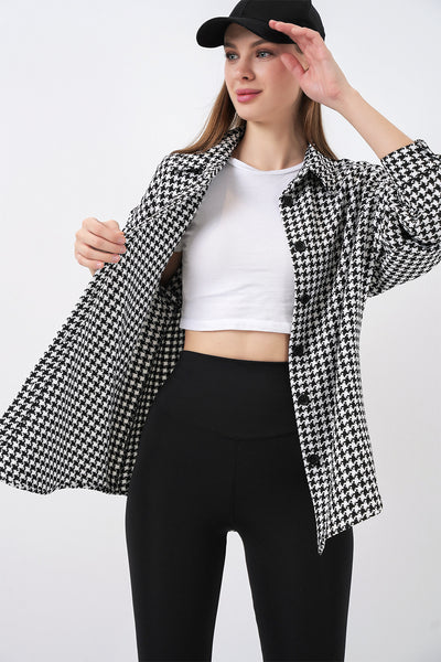 Kadın Kazayağı Desen Oversize Gömlek 3854 - Siyah - Beyaz