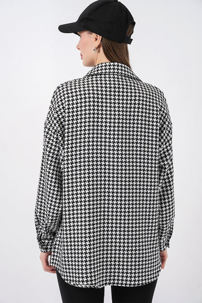Kadın Kazayağı Desen Oversize Gömlek 3854 - Siyah - Beyaz