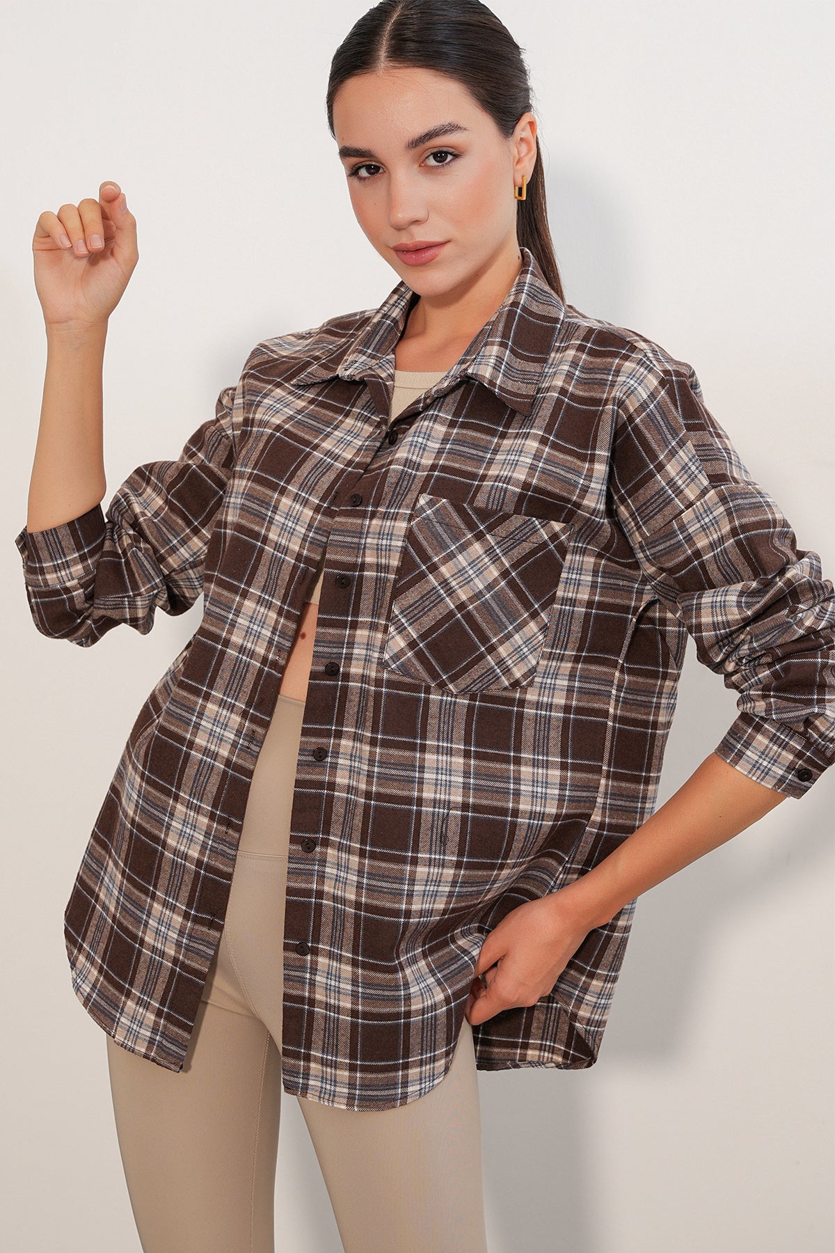 Kadın Ekose Desen Oversize Oduncu Gömlek 3854 Vizon