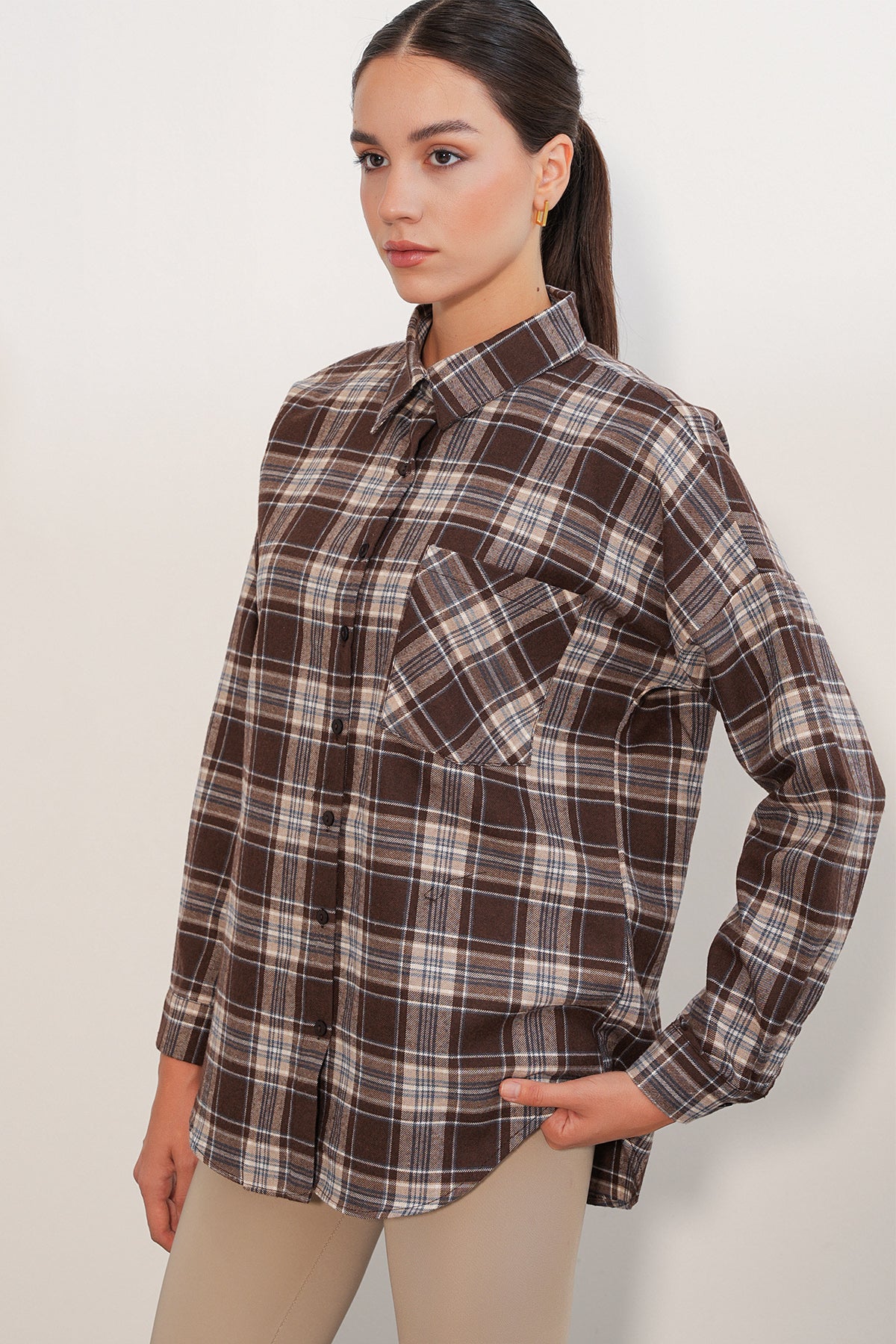 Kadın Ekose Desen Oversize Oduncu Gömlek 3854 Vizon