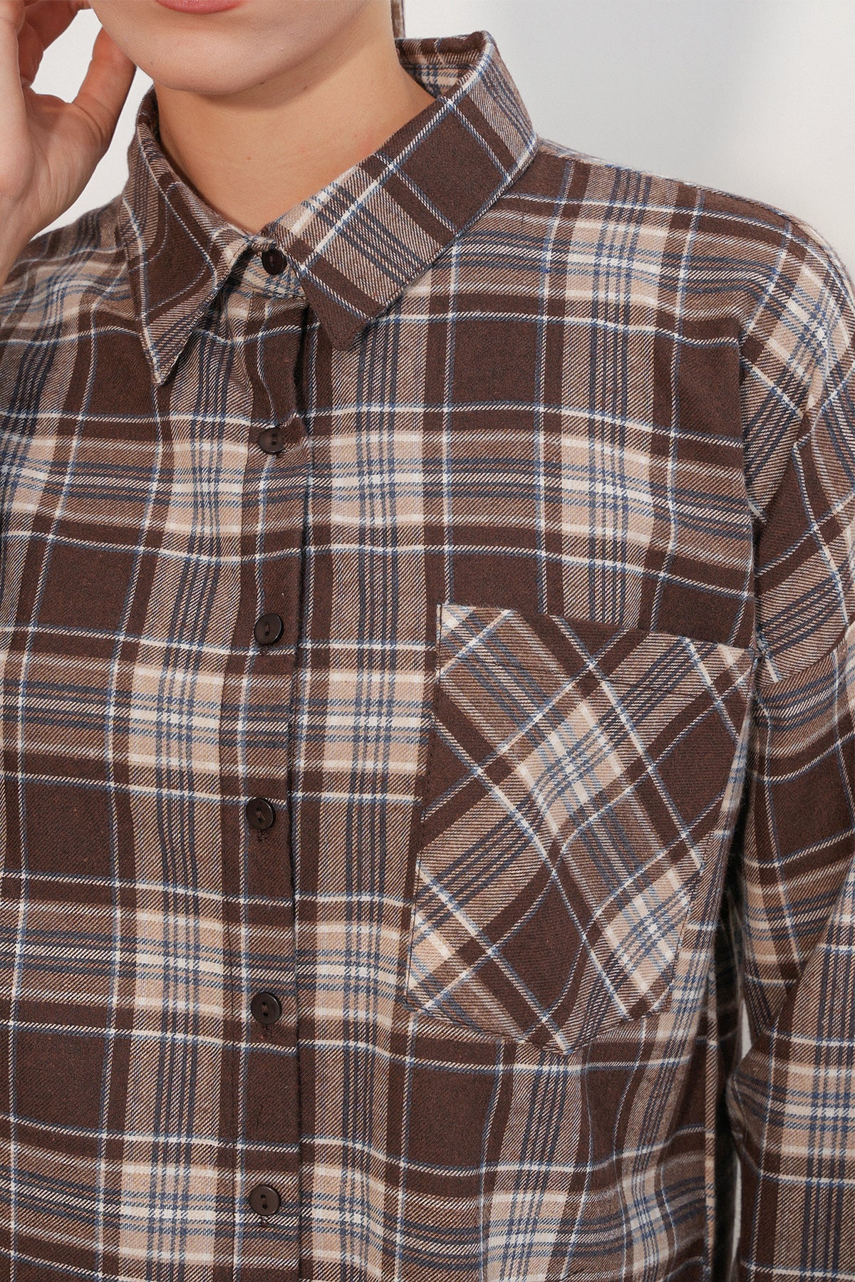 Kadın Ekose Desen Oversize Oduncu Gömlek 3854 Vizon