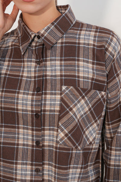 Kadın Ekose Desen Oversize Oduncu Gömlek 3854 Vizon