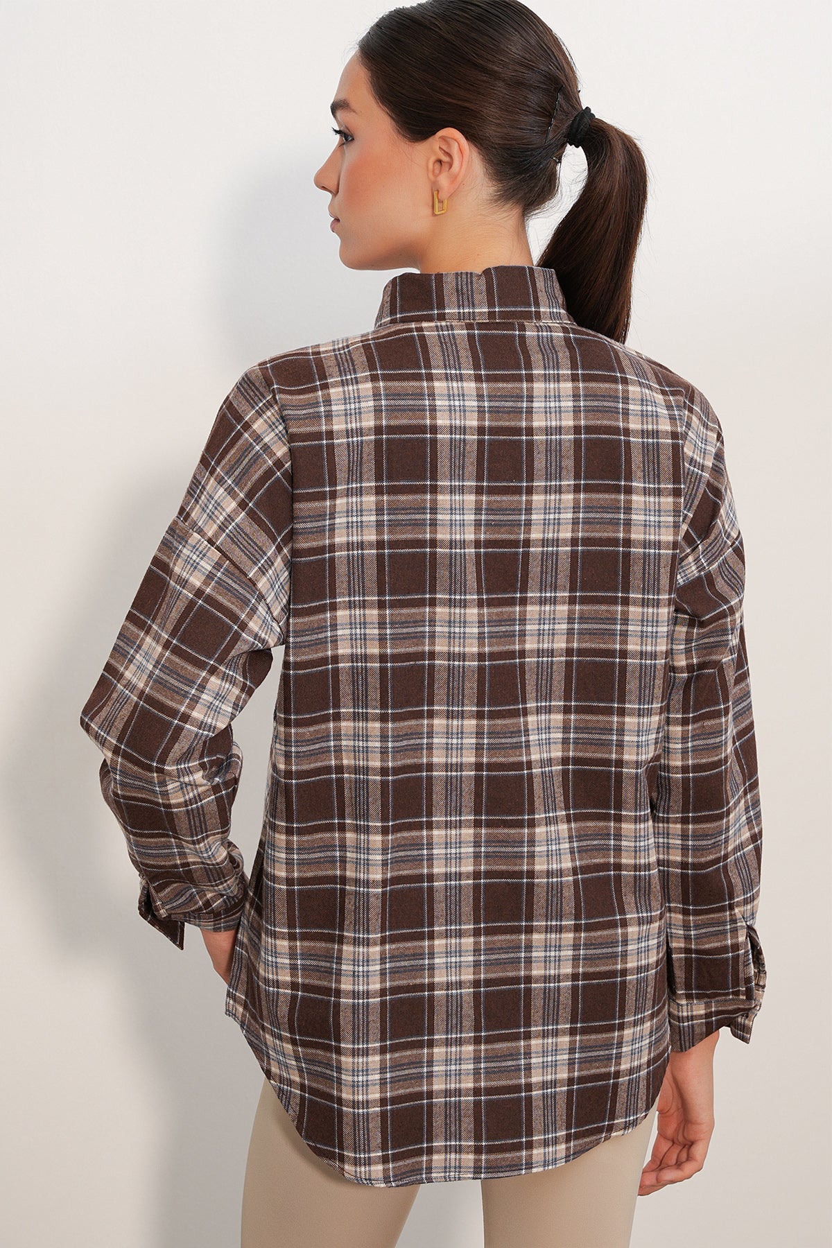 Kadın Ekose Desen Oversize Oduncu Gömlek 3854 Vizon