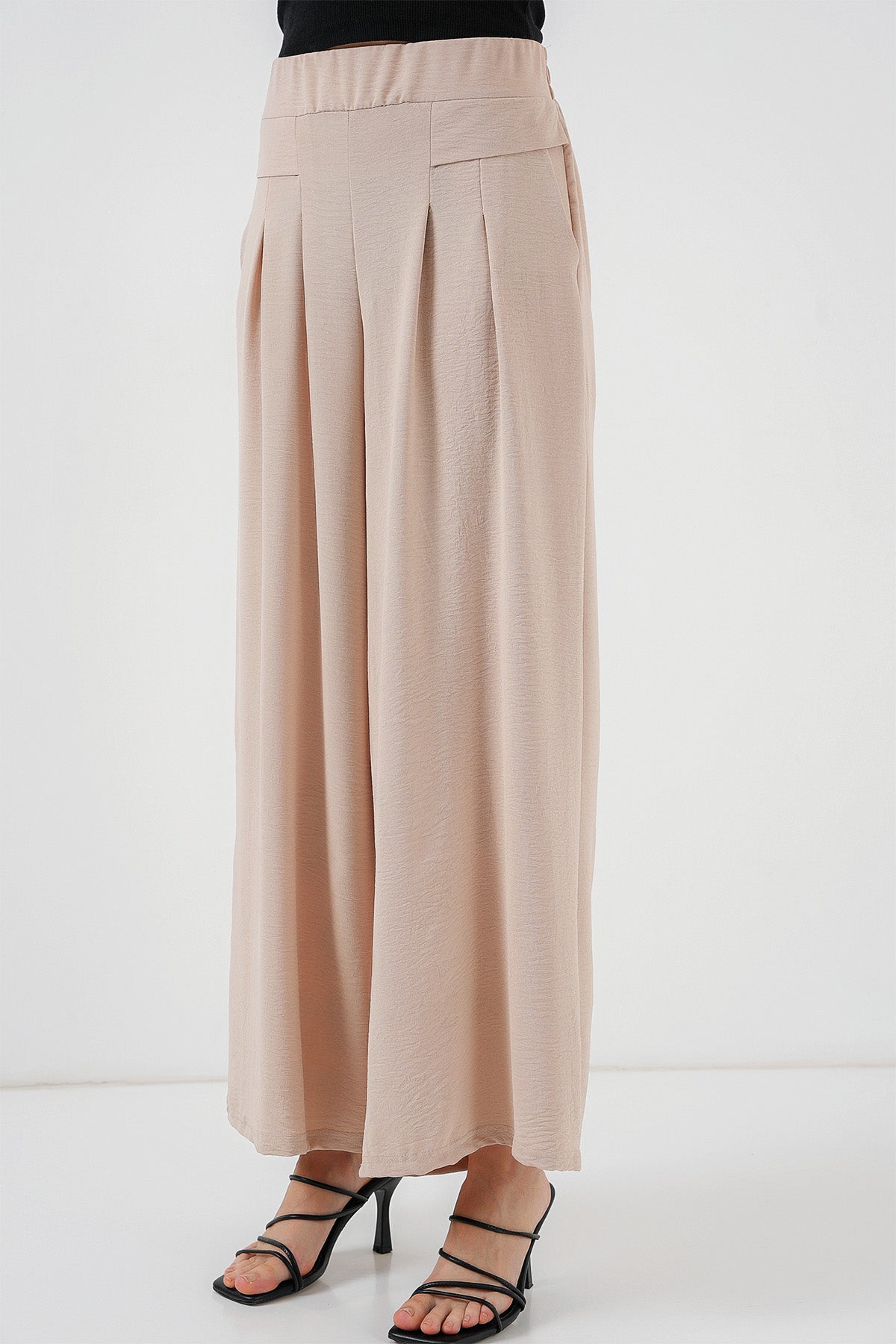 Pantaloni plisati cu crac lat pentru femei 6718 - Crem