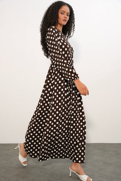 1525 Rochie Tricot Lungă Punctată Femei - Maro Închis