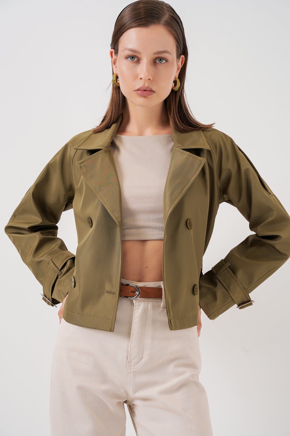 Trenchcoat scurt cu curea pentru femei 5970 - Khaki
