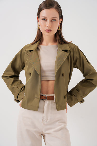 Trenchcoat scurt cu curea pentru femei 5970 - Khaki