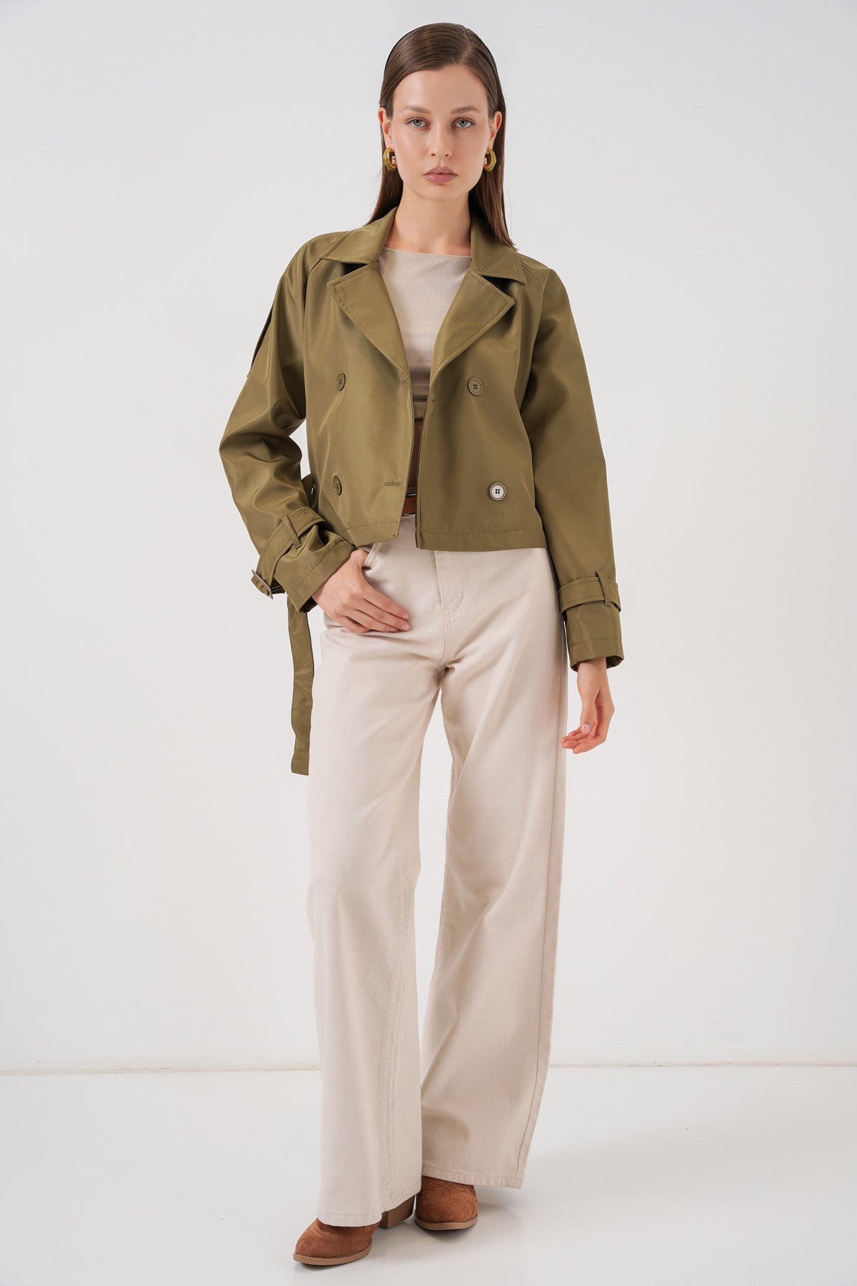 Trenchcoat scurt cu curea pentru femei 5970 - Khaki