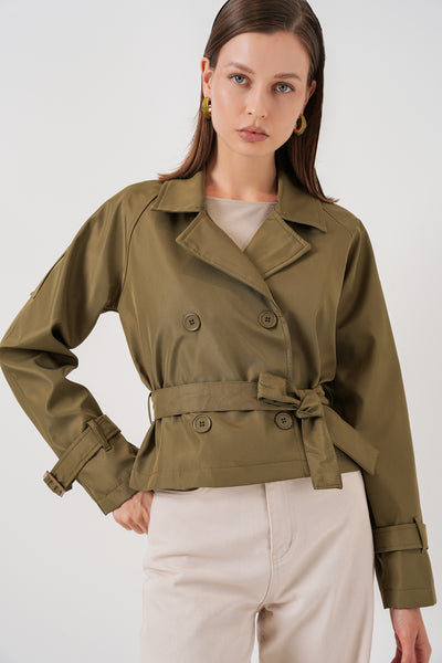 Trenchcoat scurt cu curea pentru femei 5970 - Khaki