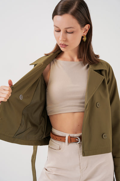 Trenchcoat scurt cu curea pentru femei 5970 - Khaki