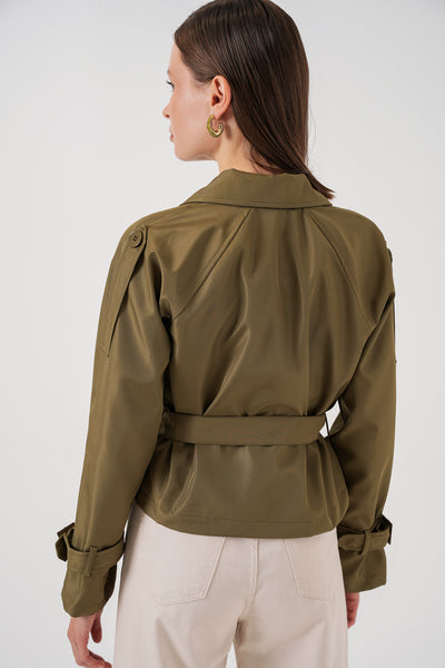 Trenchcoat scurt cu curea pentru femei 5970 - Khaki