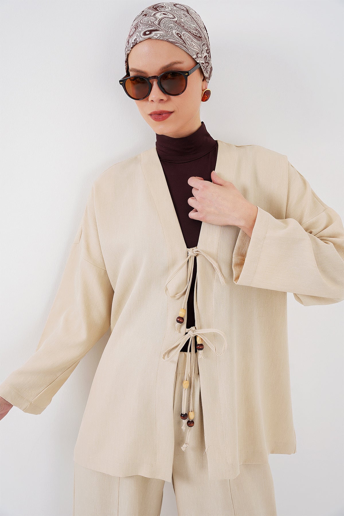 Costum Kimono Linen Damă Dublu 6727 - Crem