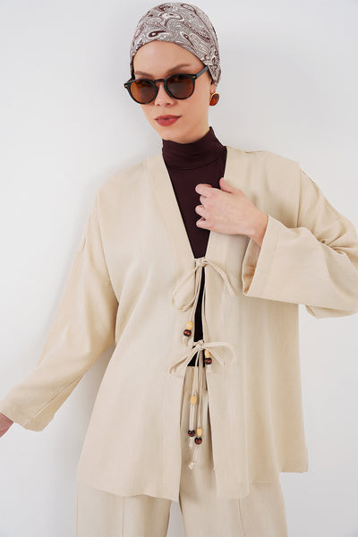 Costum Kimono Linen Damă Dublu 6727 - Crem