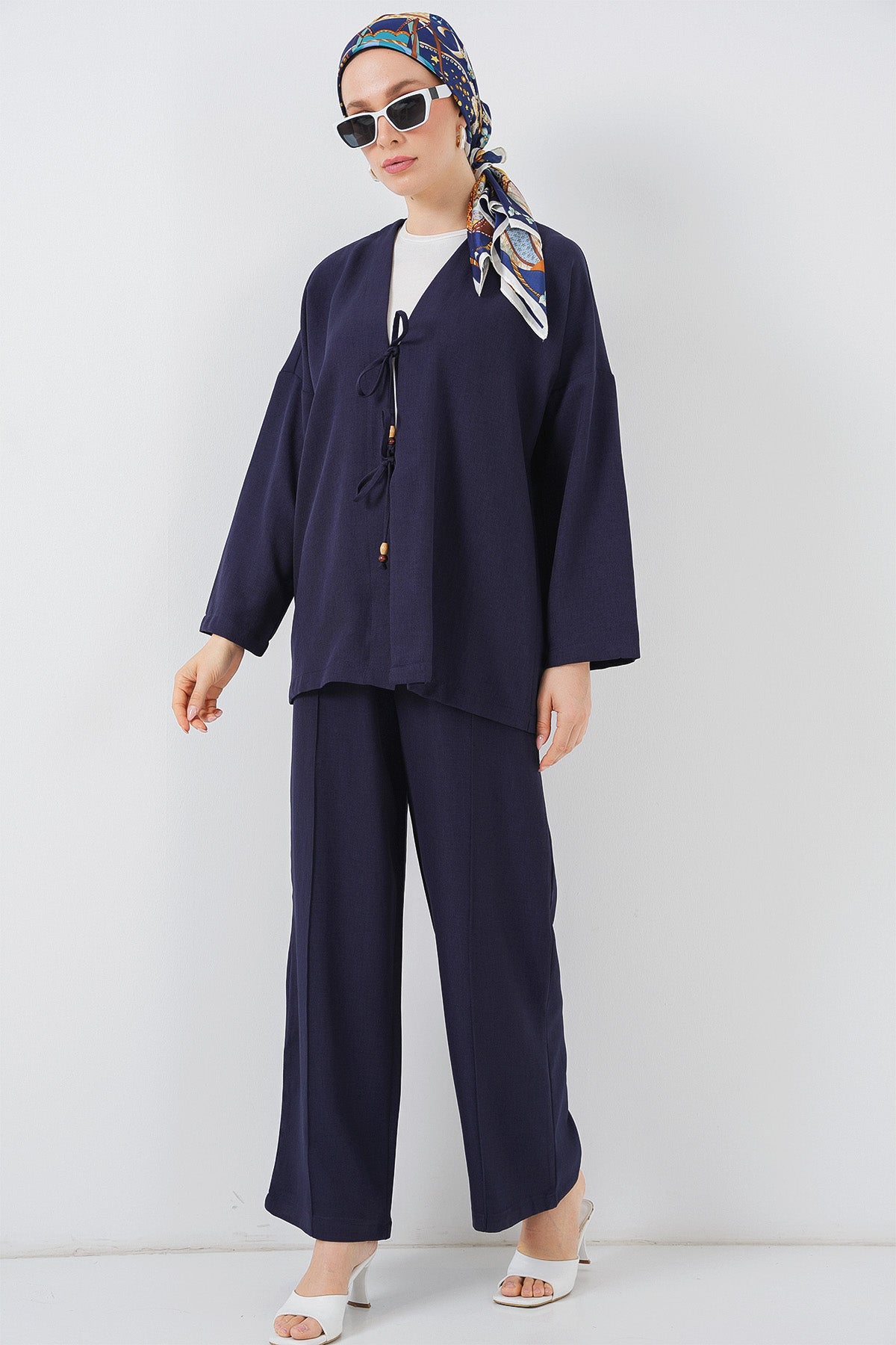 Costum Kimono Linen Damă Dublu 6727 - Albastru Închis