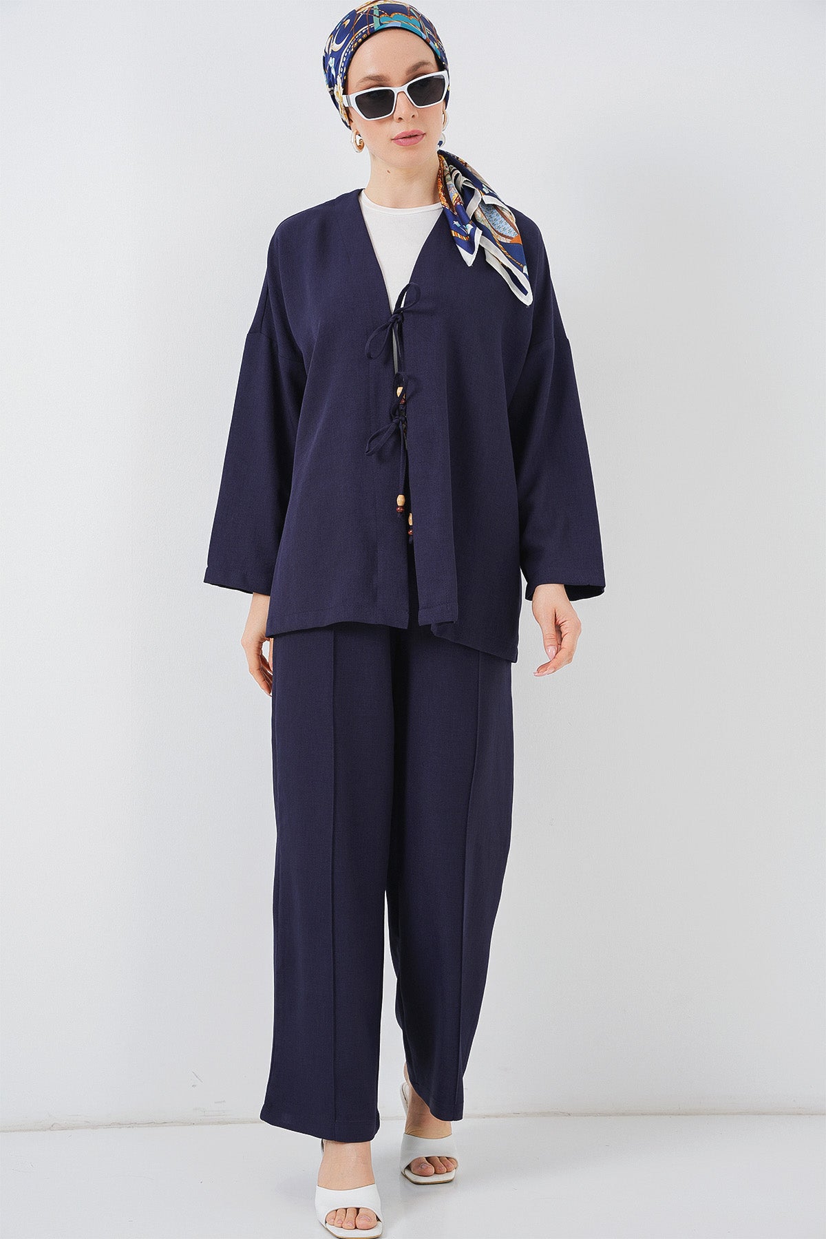 Costum Kimono Linen Damă Dublu 6727 - Albastru Închis