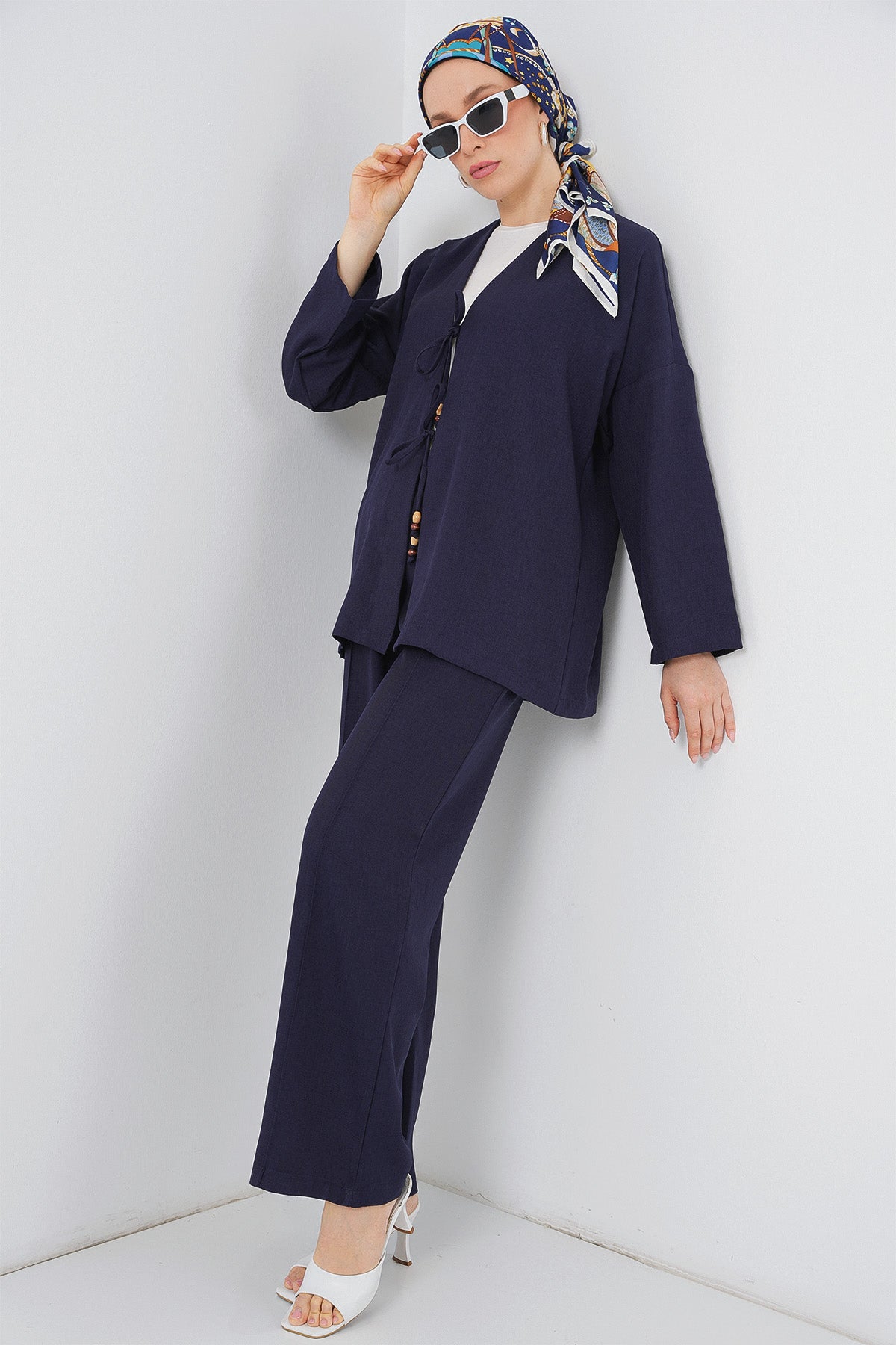 Costum Kimono Linen Damă Dublu 6727 - Albastru Închis
