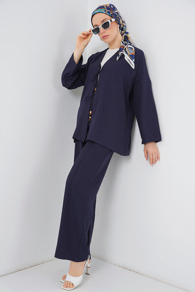 Costum Kimono Linen Damă Dublu 6727 - Albastru Închis