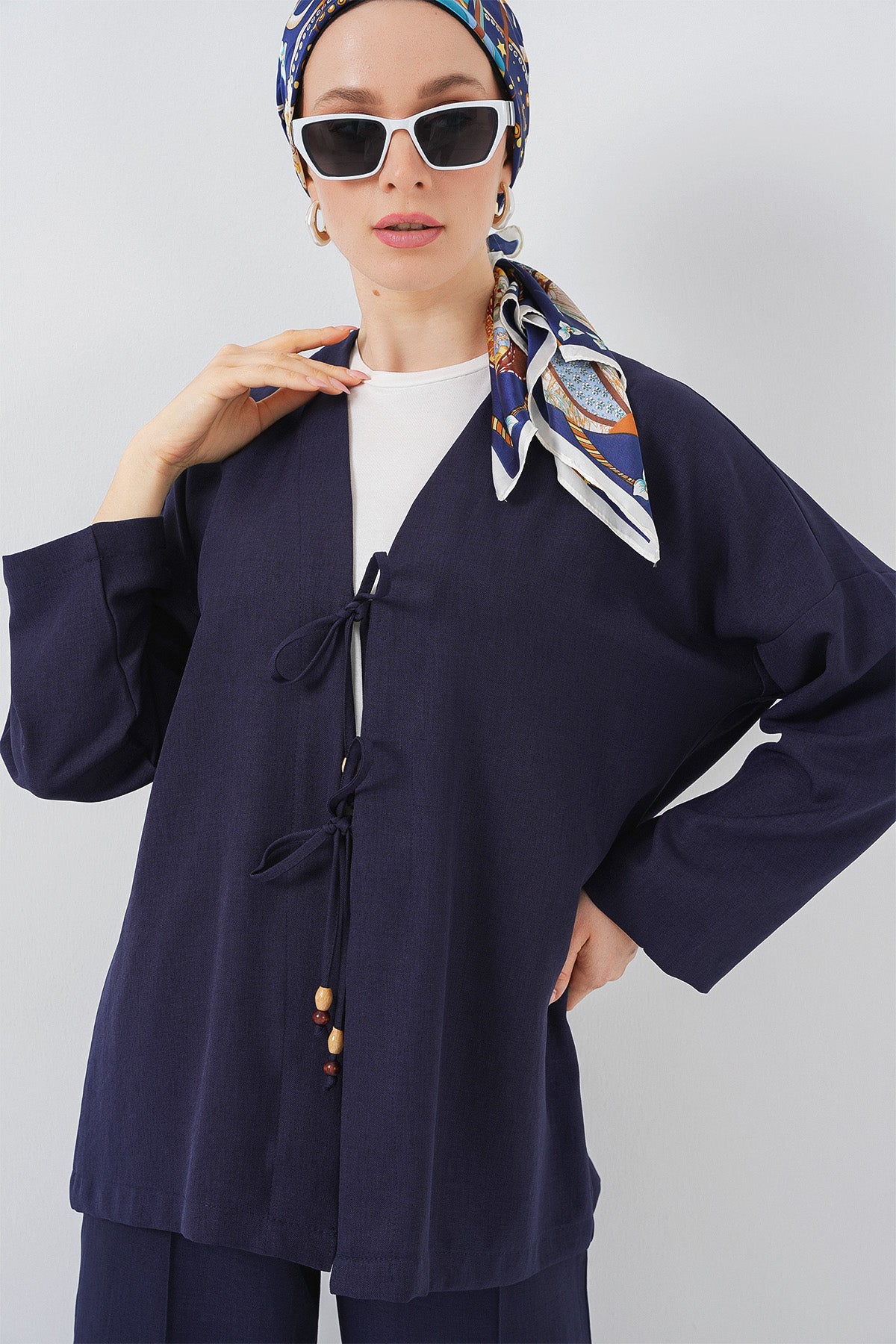 Costum Kimono Linen Damă Dublu 6727 - Albastru Închis