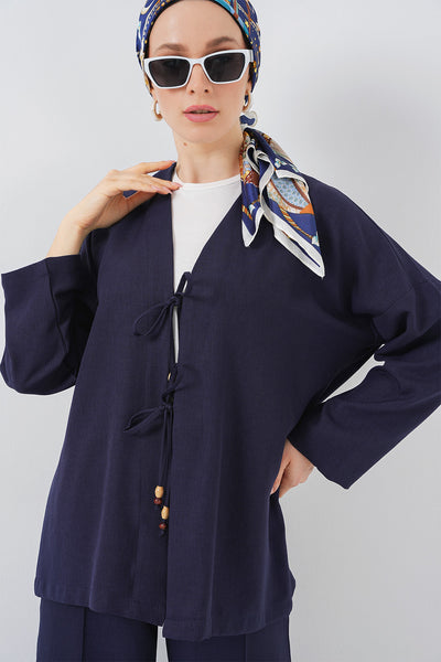Costum Kimono Linen Damă Dublu 6727 - Albastru Închis