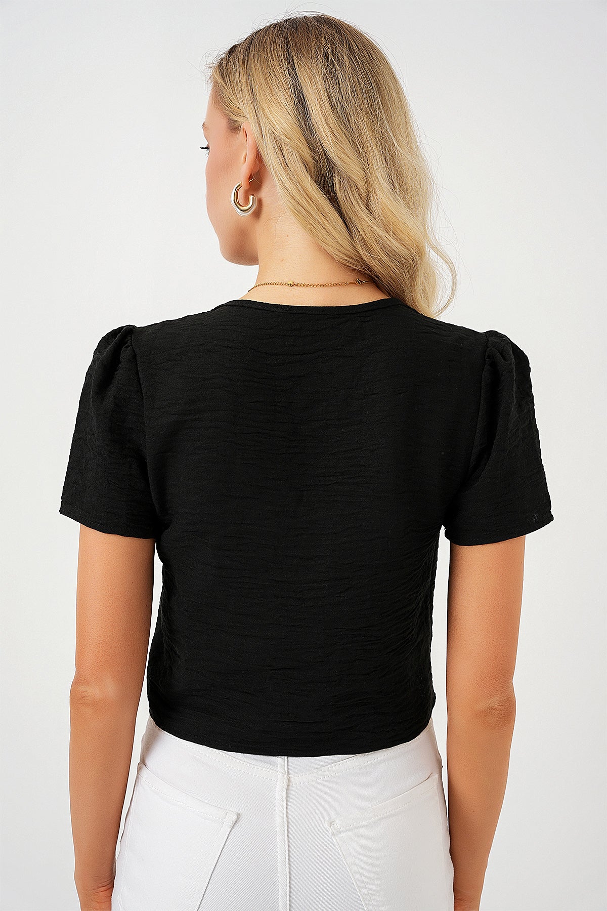 Bluză Crop Cu Mâneci Scurte Damă 958 - Negru